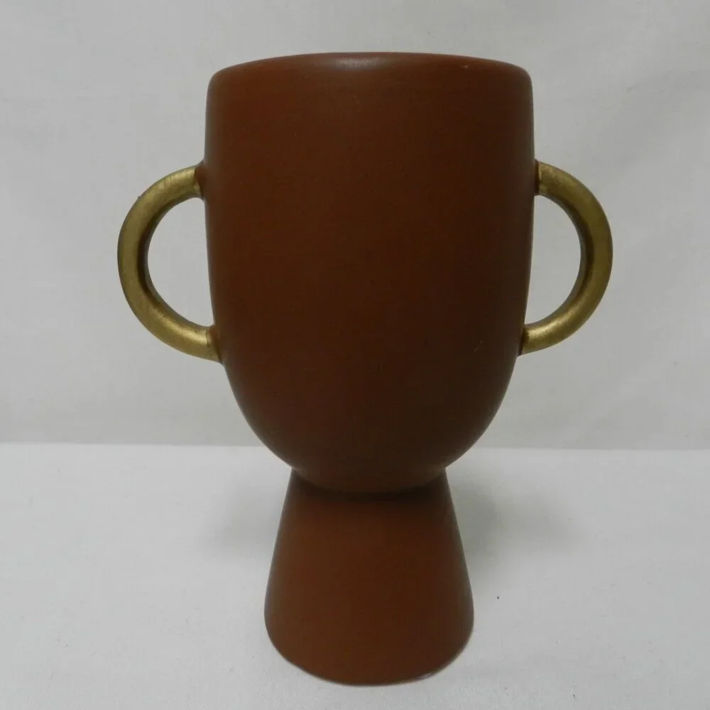 Abstract Face Ceramic Vase double handles brown gold 7